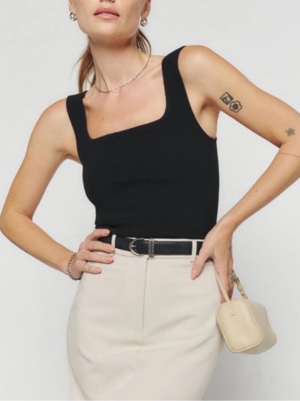 Reformation Organic Cotton Black Ribbed Square Neck Tank XS